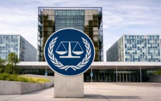 ICC emblem outside the International Criminal Court headquarters in The Hague